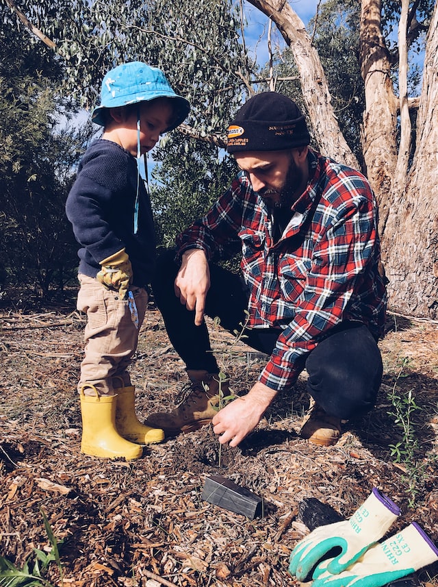 Image of a father and son planting a tree together.
