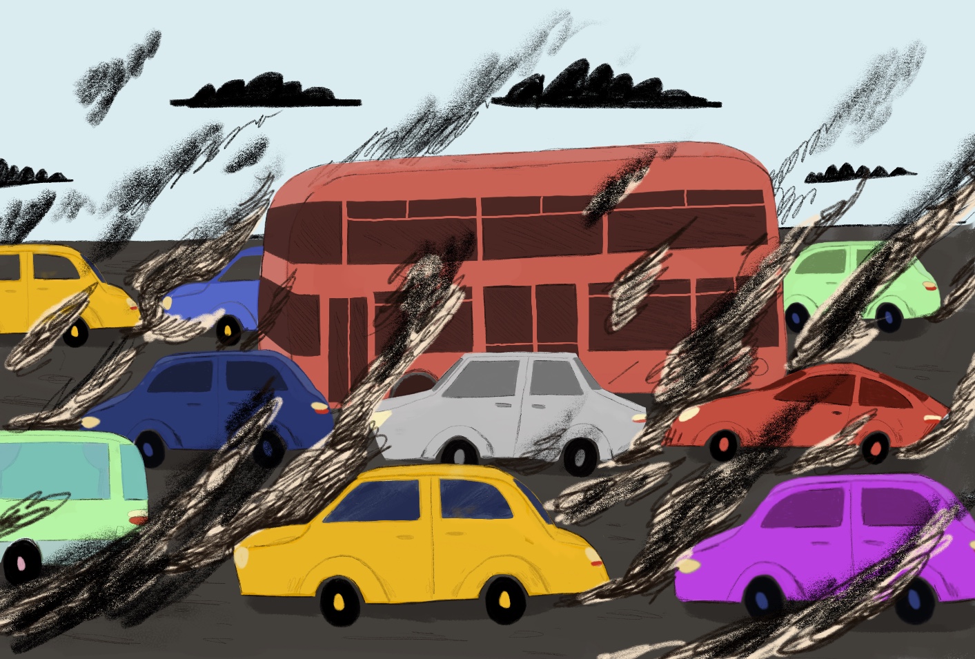 Illustration shows cars and buses with dark exhaust clouds polluting the air. Illustration by Grace Spalding for Buttercup Learning.