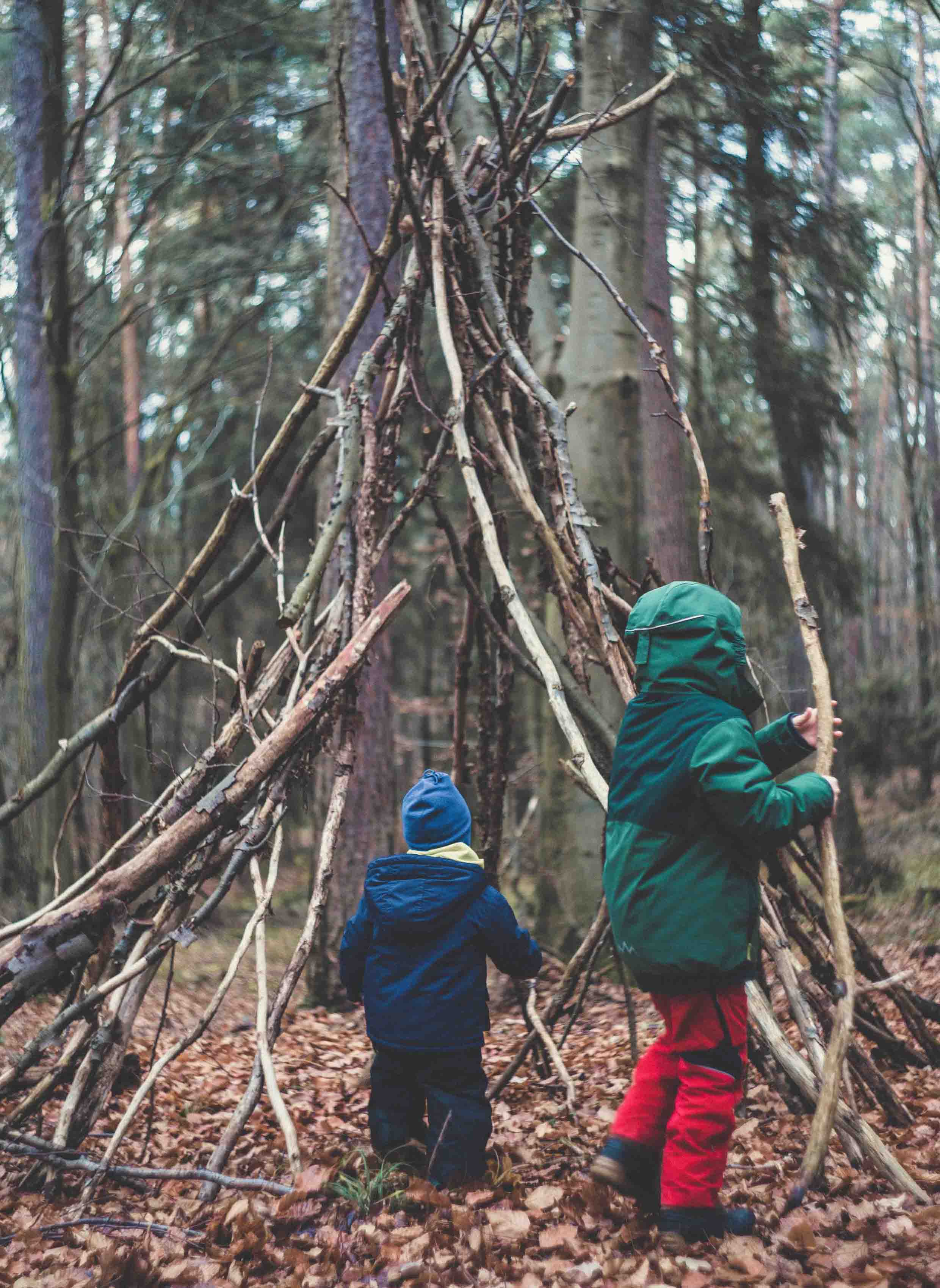 Two children dressed in waterproof clothing build a stick den in the woods